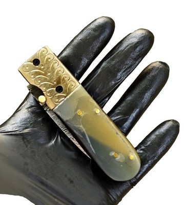 Custom made Damascus Steel Blade Pocket Knife Camel Bone Brass Bolster Handle