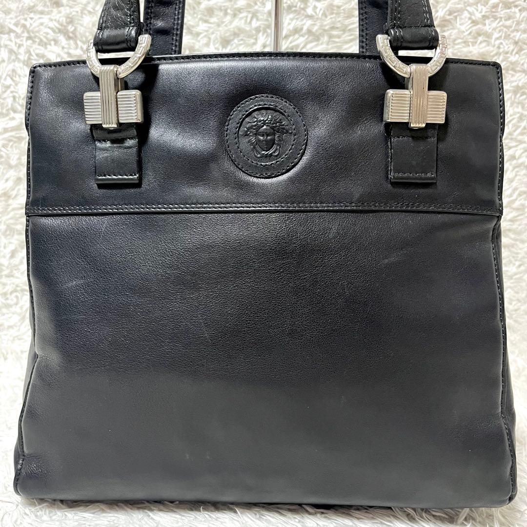 GIANNI VERSACE Leather HandBag Tote Bag Medusa Embossed Silver Hardware Black thumbnail 23