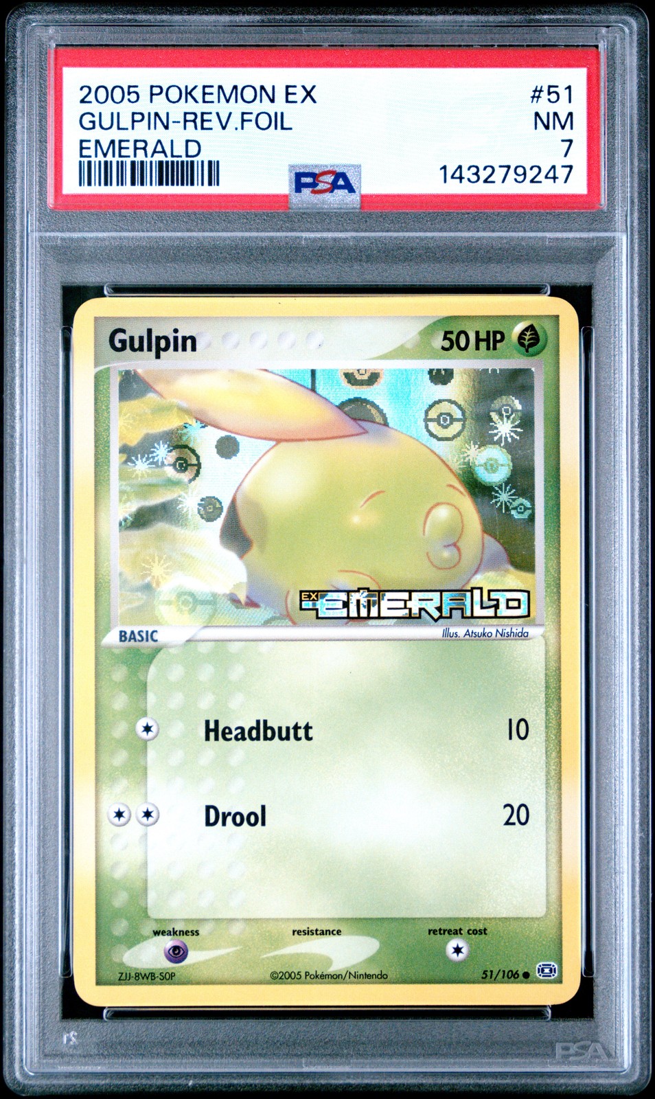 2005 POKEMON EX EMERALD #51 GULPIN-REVERSE FOIL PSA 7
