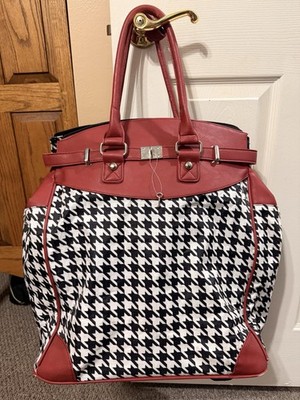 Vintage Y2K Houndstooth Rolling Tote Carry On Laptop Travel Bag Red Trim