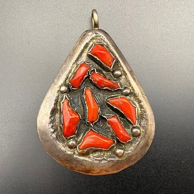 Vintage Navajo Native Coral Cluster Sandcast Silver Pendant