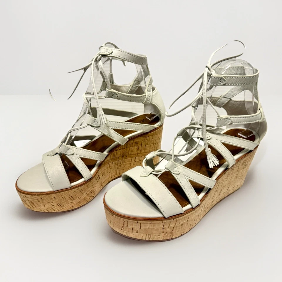 Frye Womens Heather Lace Up Tassel Cork Wedge Gladiator Sandals Cream Tan Size 8 - Image 4 of 4