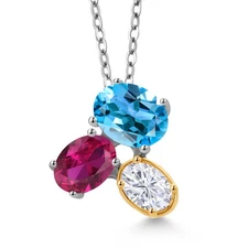 925 Silver and 10K Yellow Gold Swiss Blue Topaz Created Ruby and White