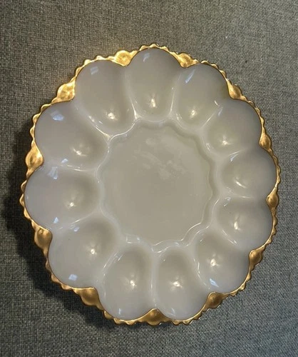 Vintage Anchor Hocking White Milk Glass Deviled Egg Dish Plate Platter Gold Rim