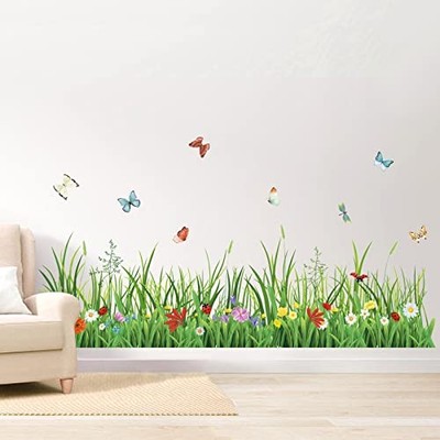  Green Grass Wall Corner Stickers Flowers Butterflies Baseboard Skirting Line 