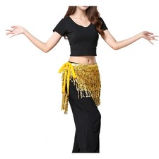 Gold Sequin Belly Dance Hip Scarf Yellow Chiffon Fringe Rave Wrap Skirt US 12-14