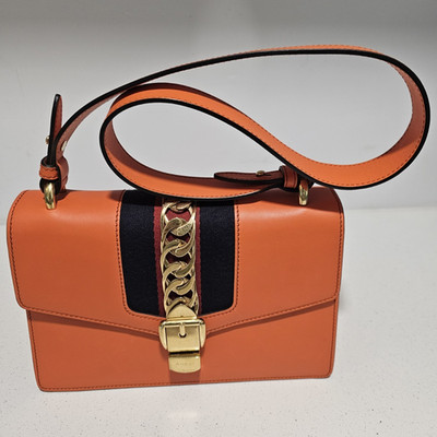 Gucci Women s Orange Striped Shoulder Bag, Gold Chain Lock, Detachable Strap