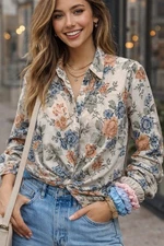 Women’s Blouse Button Down AOP Floral Motif Sz 16 Young Office Casual Chic Core