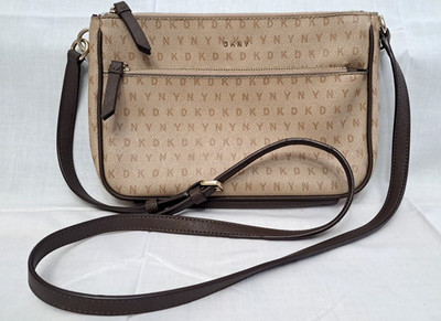 DKNY NEW VINTAGE Tan Brown Cross Body Handbag Purse Logo Letter Body NOS 7x11''