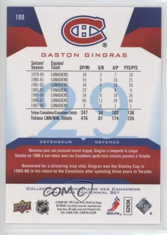2008-09 Upper Deck Montreal Canadiens Centennial Set Gaston Gingras #100 - Image 2 of 2