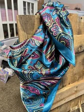 Wild Rag Western Scarves Teal Turquoise Paisley Floral 36”x36”