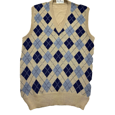 Vintage Mens Knit Vest L Camel Navy Argyle Wool Nicola Vintage Mens Knit Vest L Camel Navy Argyle Wool Nicola