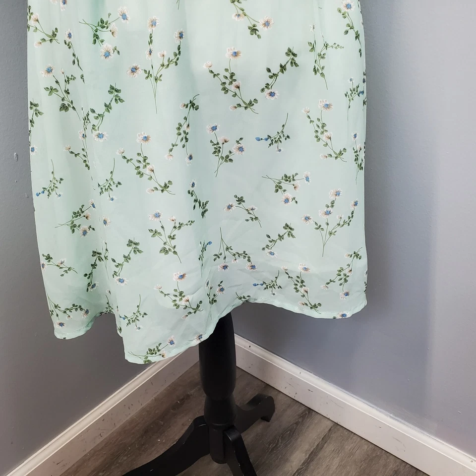 Vestido Allegra K Fit & Flare para mujer S verde azulado floral forrado con cordones cuello en V cremallera trasera Foto 3 de 4