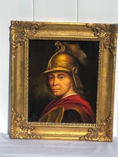 Original OIL painting Spanish Knight Gold helmet in ornate wood gold gilt Frame