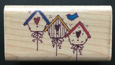 TRIO BIRDHOUSES NEIGHBORHOOD SYMBOL Impressive Stamps Wood Rubber Stamp