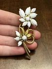 Vintage Juliana Milk White Glass Navette Rhinestone Flower Brooch Verified Nice!