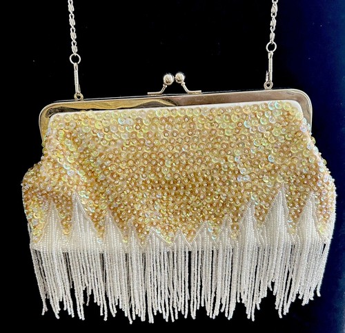 Vintage Chomel Evening Bag Sequins Fringe Wedding Formal Purse Silvertone Chain