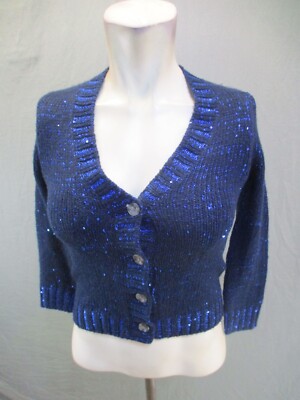 Cherokee Size S Girls Blue V-Neck Button Up Elbow Sleeve Crop Lurex Cardigan 747