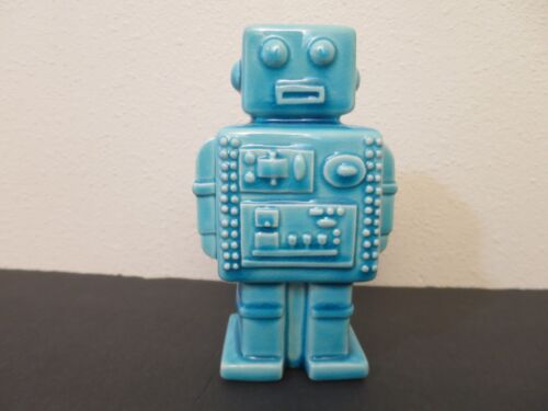 Vintage Mid Century Glazed Ceramic ROBOT Figure Light Blue/Teal Gloss Glaze
