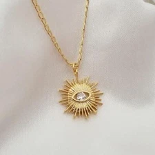 Natural Diamond Evil Eye Sunburst Lucky Pendant Necklace Chain 14K Yellow Gold