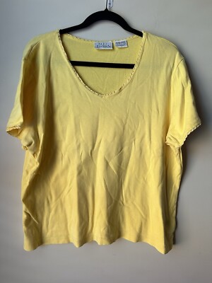 Vintage Basic Editions Womens Shirt Size XL Yellow Solid Short Sleeve V-Neck
