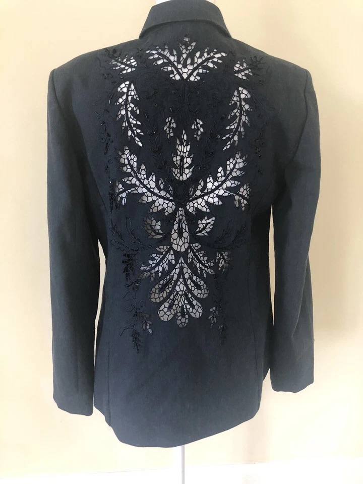 Blazer Chaqueta Elie Tahari Talla 10 Azul Marino Con Cordones Adornado Lino Poli Informal Foto 2 de 4