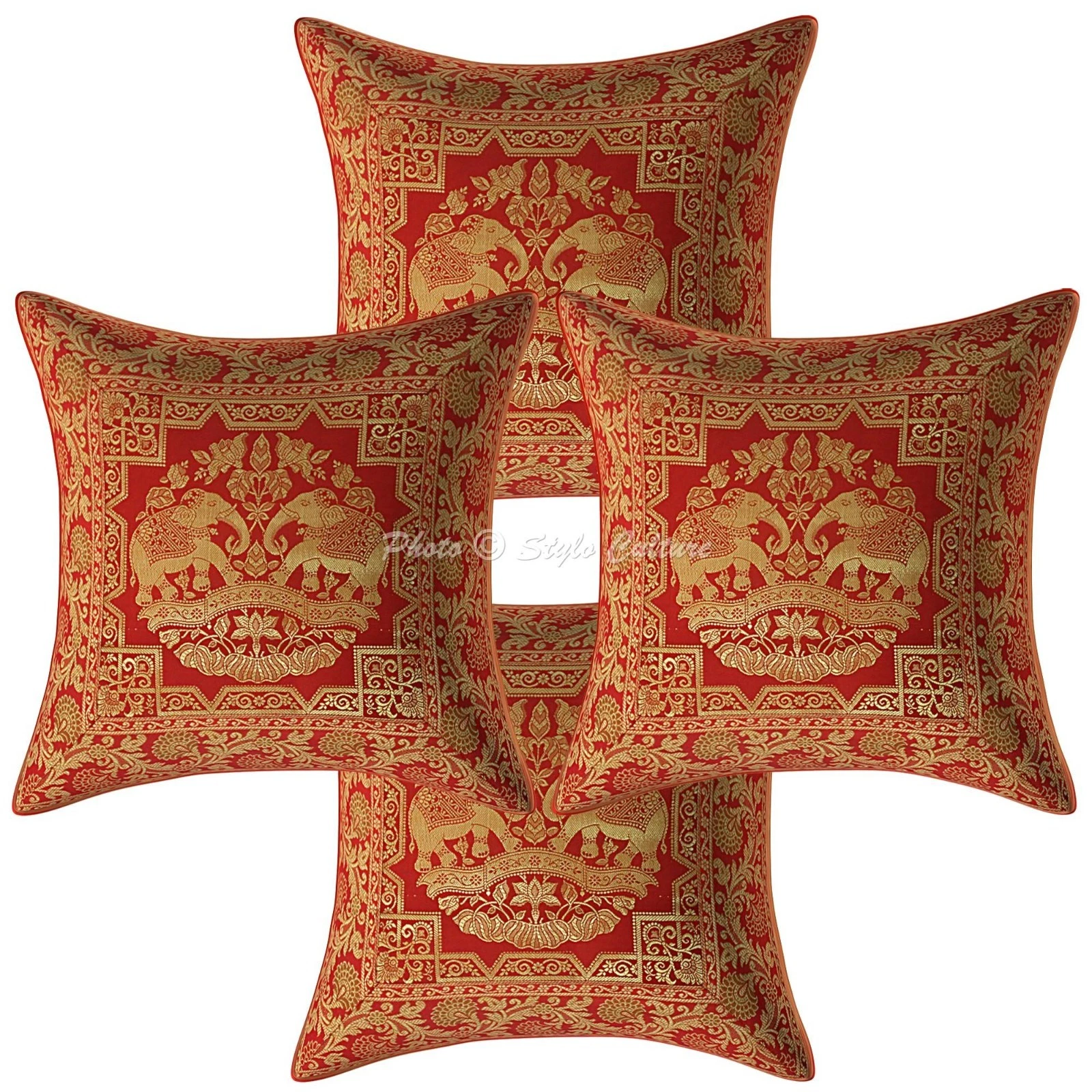 Indian Throw Pillow Covers 16x16 Brocade Elephant Red Home Decor Cushion Cover
