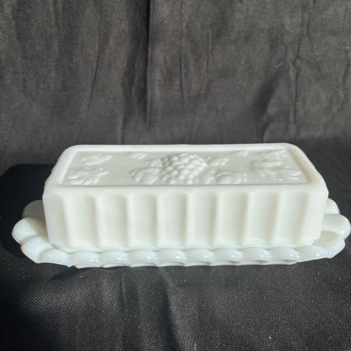 VTG Westmoreland milk glass covered butter dish in the "Paneled Grape" pattern