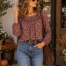 Lucky Brand Floral Peasant Blouse M Long Sleeve Lattice Crochet Trim Boho