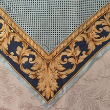 Vtg Echo Scarf 100 Silk Blue Polka Dot  Gold Baroque Swirl Border 32" Sq READ