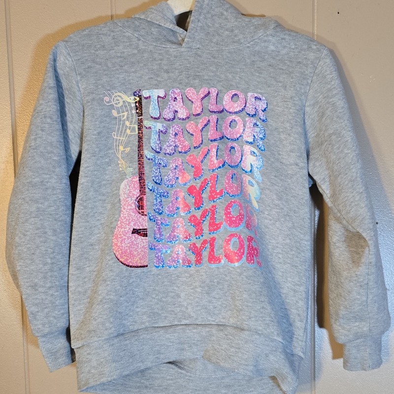 Taylor Swift Sequin Guitar Graphic Gray Girls Fleece Pullover Hoodie Size 5