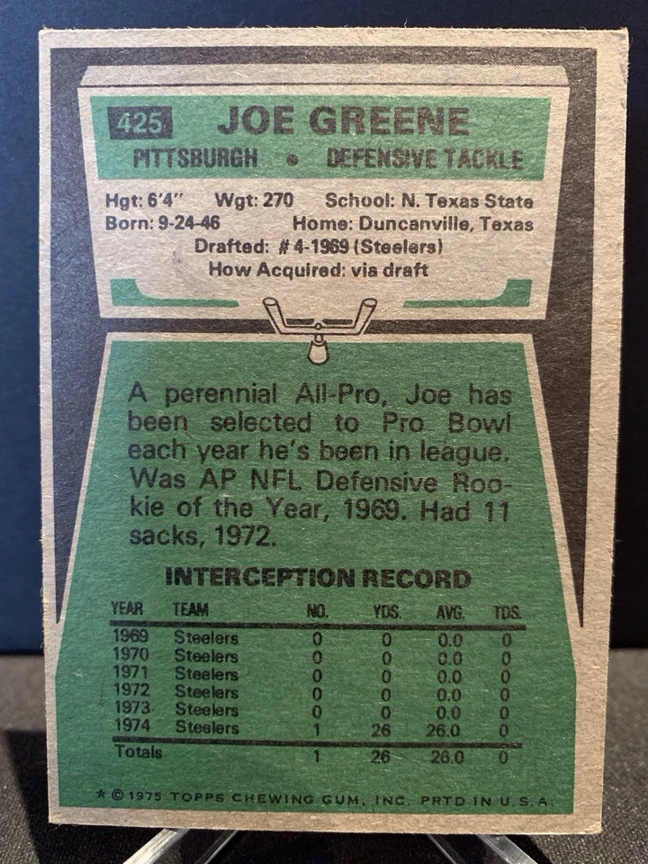1975 Topps FOOTBALL Joe Greene PITTSBURGH STEELER #425 - Image 2 of 2