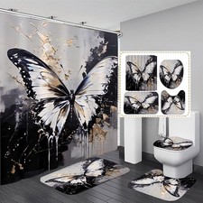4 Pcs Black Butterfly Shower Curtain Set with Rugs Grey and Gold Bathroom Set