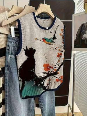 Women s Knit Sweater Vest Cat & Bird Print Contrast Trim Regular Fit Casual Pull