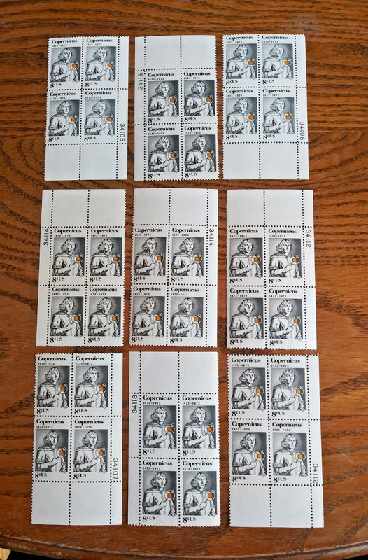 Nicolaus Copernicus, Astronomer, 8¢ stamp, 9 Plate Blocks, Scott# 1488 MNH