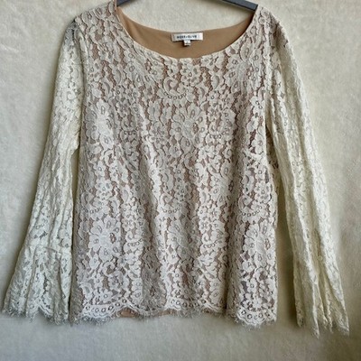 Rose + Olive Ivory Floral Lace Bell Sleeve Blouse Button Cuff Lined Size Large