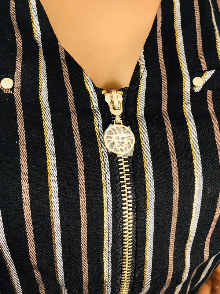 Anne Klein L 小号上衣条纹标志 1/2 拉链衬衫衬衫低帮柔软闪亮 — 第 4/4 张图片