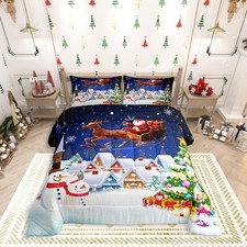 Christmas Bedding Set Twin Size Snowman Christmas Tree Print Comforter Set Sa...