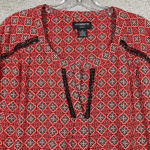 Liz Claiborne Career Women Plus 2X Red Flowy Relaxed Long Sleeve V Neck Stretch - Picture 2 of 15