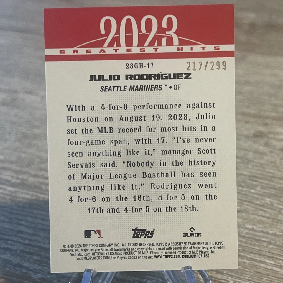 2024 Topps Series 1 - 2023 Greatest Hits Julio Rodriguez #23GH-17 Black /299 - Image 2 of 3