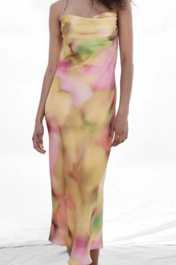 ZARA  WOMAN LONG STRAPPY TIE-DYE CAMISOLE LINGERIE SLIP  SATIN DRESS MEDIUM