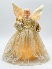 VTG Christmas Porcelain Face  Angel W/ Wings White Gold Lace Light Up Topper 10&rdquo;