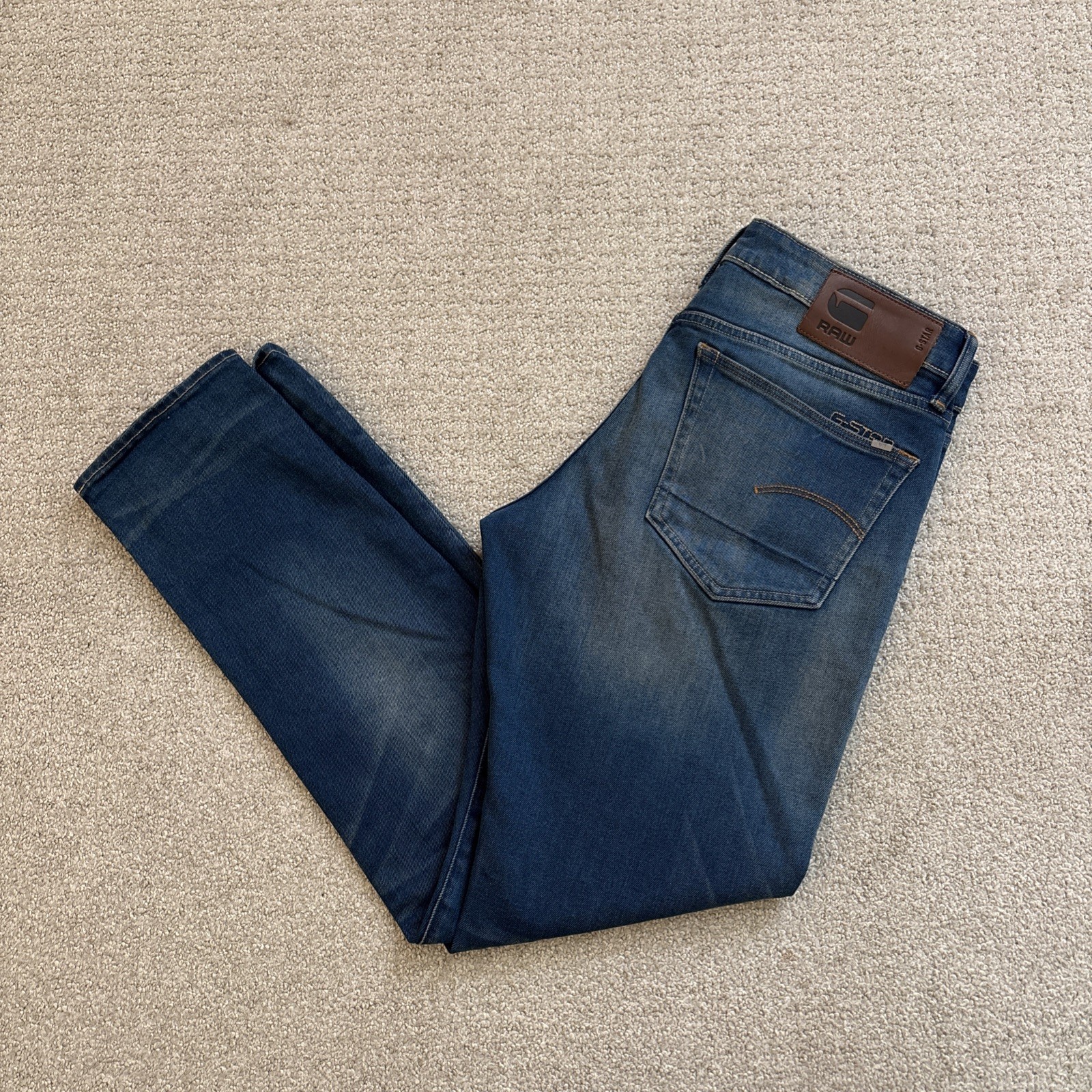 G Star Raw Jeans Men's 32/32 Blue 3301 Slim Straight 5 Pocket Button Fly Faded