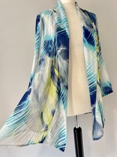 Susan Graver White Blue Yellow Draped Chiffon Pocket Duster Jacket Kimono S