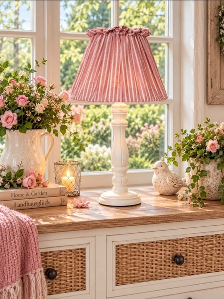 Clayre & Eef Tischlampe 42Cm Rosa Gestreift Lampenschirm Lampenfuß Holz Weiß-image