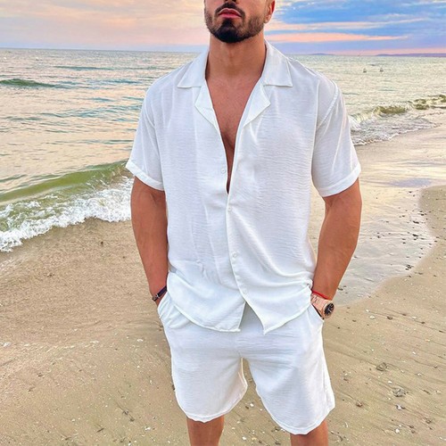 Men Beach Short Sleeve Linen Shirts 