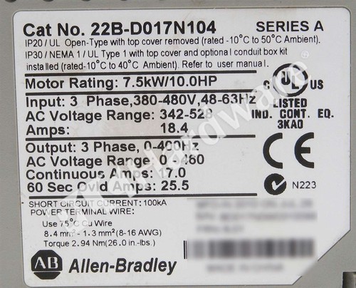 Allen Bradley 22B-D017N104 Ser A PowerFlex 40 480VAC 3 fases 17A 10 HP accionamiento de CA - Imagen 6 de 6