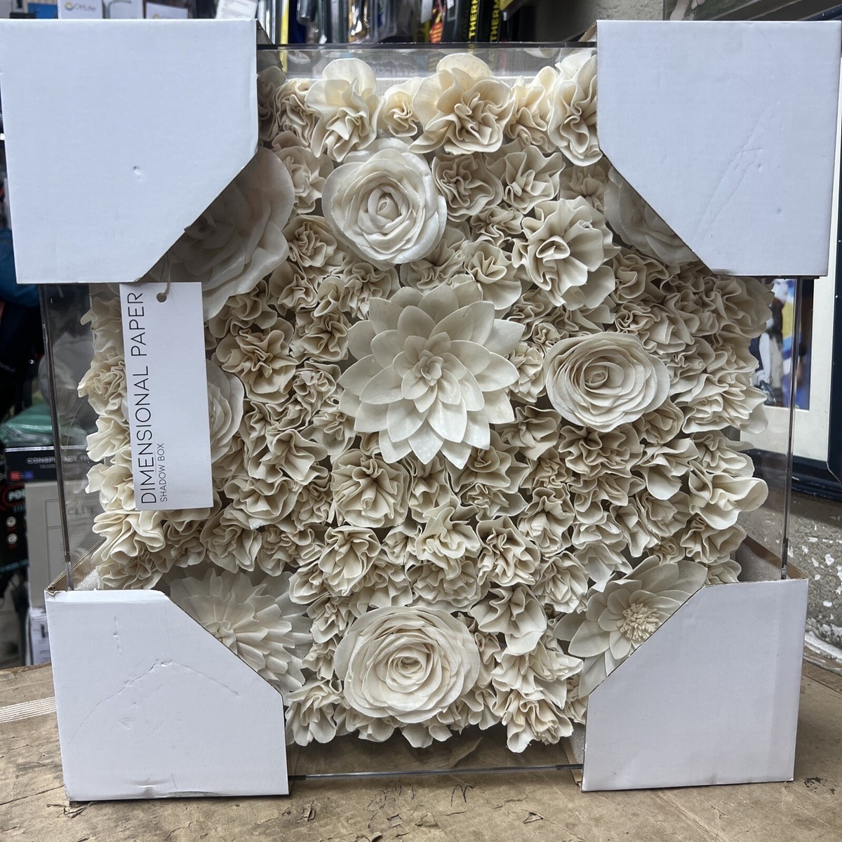 Dimensional Paper White Flowers Shadow Box Frame Hand Made Art 