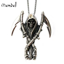 MENDEL Stainless Steel Men's Death Skeleton Skull Grim Reaper Pendant Necklace
