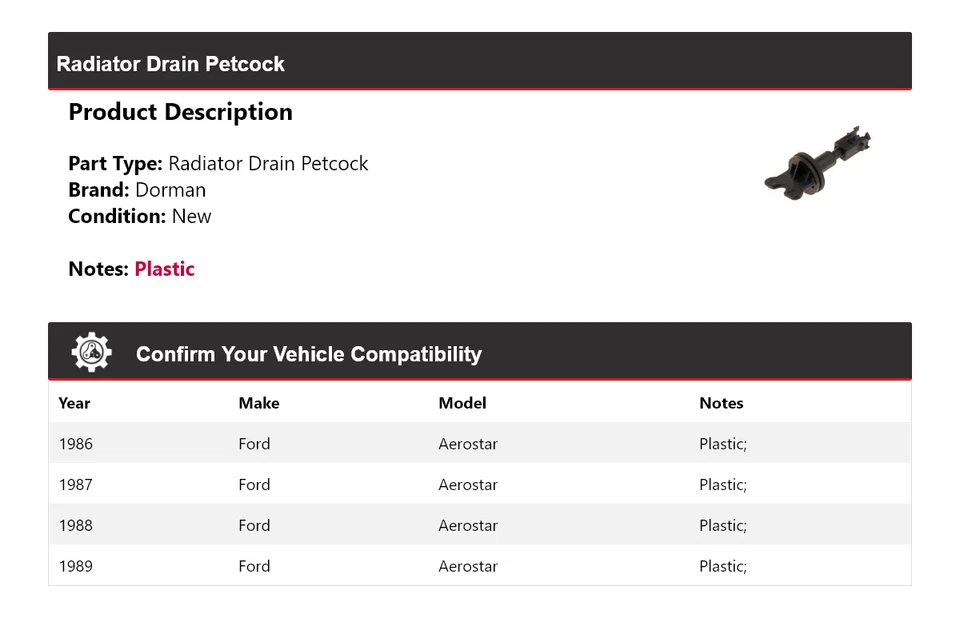 For 1986-1989 Ford Aerostar Dorman Radiator Drain Petcock 1987 1988 - Image 2 of 4